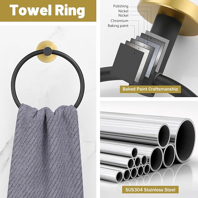 Black and Gold Towel Bar Set 6 Pieces Bathroom Hardware Accessories Set Include 19.68/23.6 in Towel Bar Towel Ring Towel Hook and Toilet Paper Holder Stainless Steel Wall Mounted-NeatNest