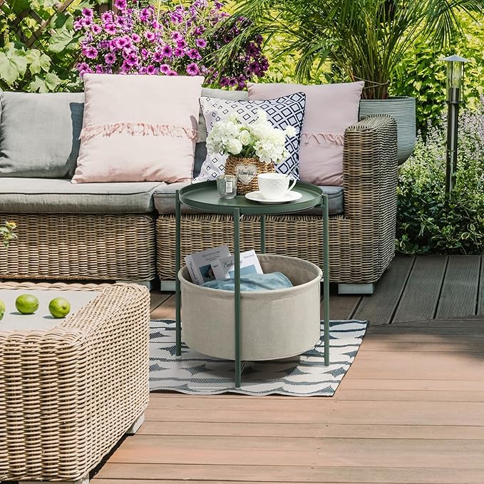 danpinera Round Side Table with Fabric Storage Basket, Metal Side Table Small Bedside Nightstand with Removable Tray for Living Room, Bedroom, Nursery, Dark Green-NeatNest