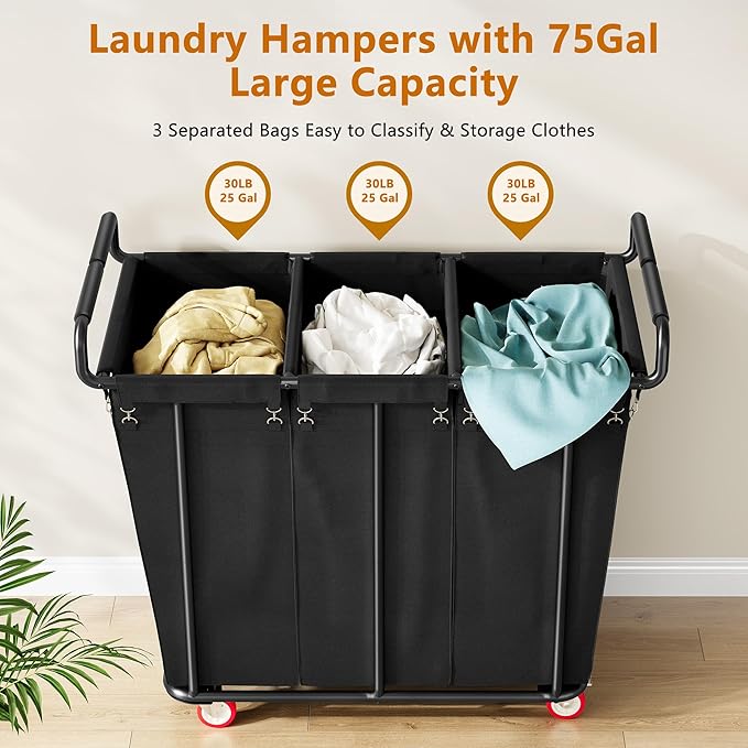 Large laundry hamper with Wheels, 360L 3 Bag Big Rolling Laundry Hamper Sorter Cart, Extra Large Laundry Clothes Hamper, Heavy Duty Laundry Basket Organizer for Laundry Room,Bathroom,Black