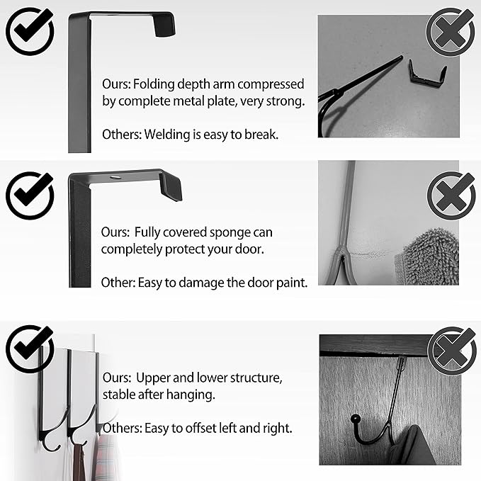 SKOLOO Over The Door Hooks - for Doors up to 4.5cm Thick, Pack of 5, Stainless Steel Door Hanger Hooks, Over The Door Hanger for Coats Clothes Hat Towel Jacket, Black