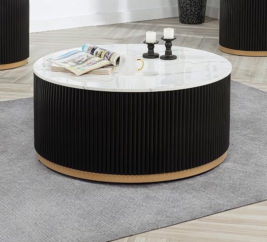 kevinplus ø38'' Faux Marble Top Coffee Table Round Circle Coffee Table with Wheel for Living Room, Modern Luxurious Wooden Base Gold-Finished Style, Easy Assembly, Black & Gold & White