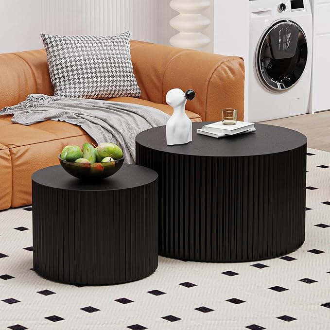 Round Nesting Coffee Table Wood Drum Nesting Tables Modern Stacking Coffee Table Set of 2 Fluted Center Table End Table for Living Room Home Office Small Spaces, No Assembling (Black Large)