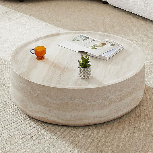 Marble Coffee Table, Modern Round Coffee Table, Circle Drum Coffee Tables, Fiberglass Center End Table for Living Room Apartment Office, No Assembly (35.43" Faux Marble)