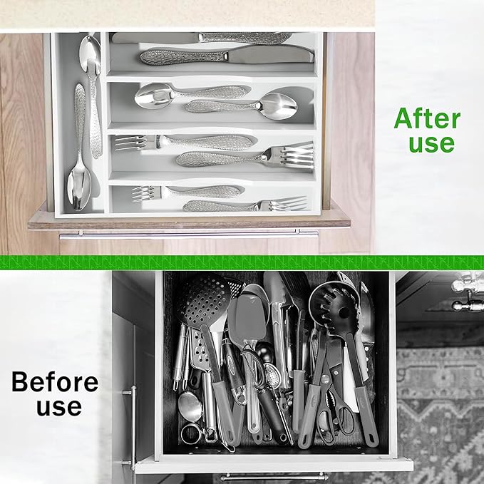 Greenual White Silverware Organizer 10 In Utensil Organizer Silverware Tray for Drawer Cutlery Flatware Organizer for Kitchen Bamboo Wood-NeatNest