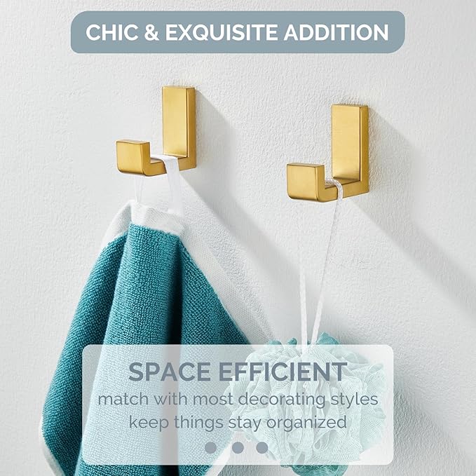 Angle Simple Towel Hook Brushed Gold 2 Pack, 304 Stainless Steel Robe Hook for Bathroom