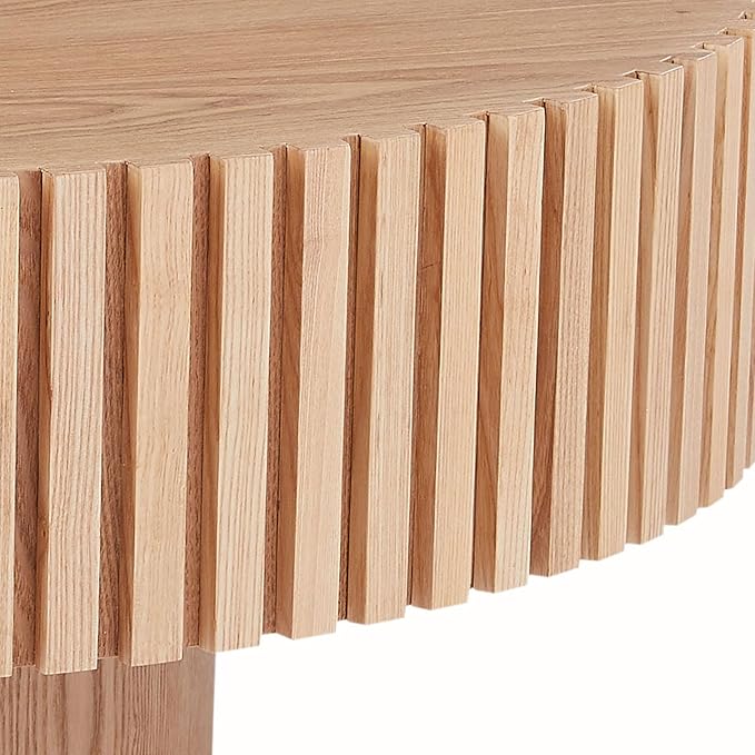 kevinplus 31.49'' Round Coffee Table Modern Wood Coffee Table for Living Room, Contemporary Circle Fluted Drum Style, Easy Assembly, Oak (ø31.49'' x 13.77'')