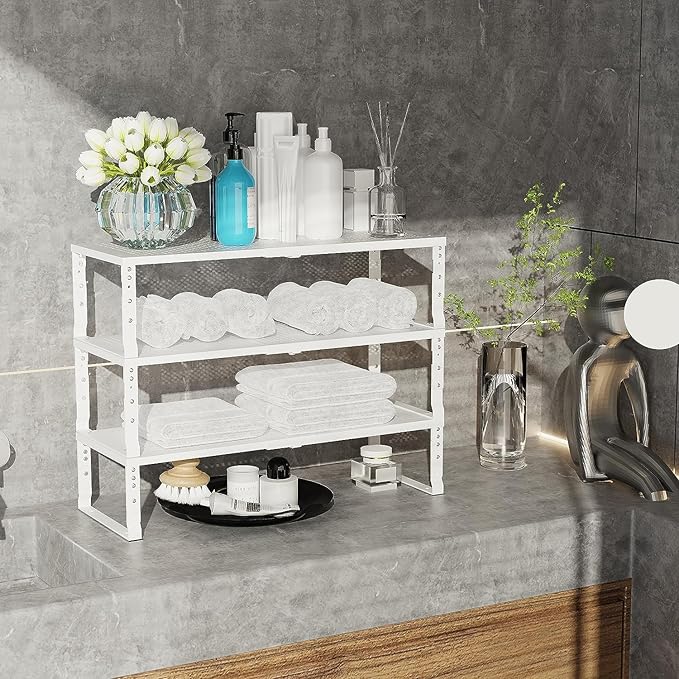 Expandable Cabinet Shelf Organizer Storage Spice Rack Shelves for Kitchen Stackable Adjustable Pantry Cupboard Bathroom Countertop Desktop(2Packs/White/Large-with Hole)-NeatNest