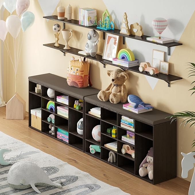 DINZI LVJ Shoe Storage Bench with Cushion, 14-Cubby Shoe Rack, Adjustable Shelves, Multifunctional Shoe Organizer Bench for Entryway, Mudroom, Hallway, Living Room, Bedroom and Garage, Espresso-NeatNest