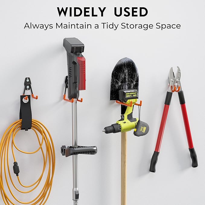 BONTEC Heavy Duty Garage Hooks, Anti-Slip Coated Black Steel with Strong Load Capacity, Multi-Sized U and J Hooks, Easy Wall Mount for Garage, Garden, Workshop (Orange, 14 Pack)-NeatNest