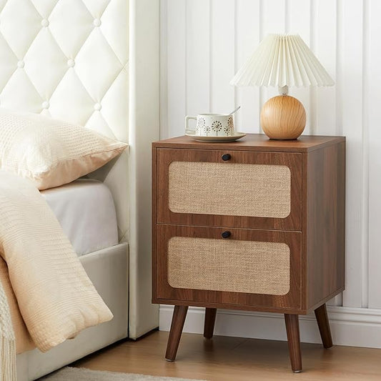Mid Century Night Stand, Modern Nightstand with Drawer & Curved Linen Panel, Farmhouse End Table Wood Bedside Table Small Side Tables for Small Space, Bedroom (Walnut)