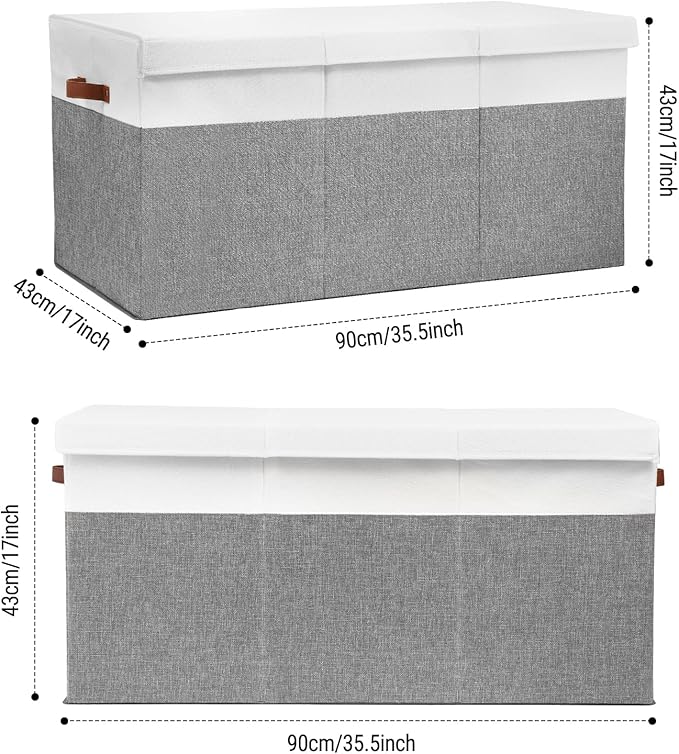 Extra Large Toy Storage Box with Lid, Sturdy Toys Storage Chest Bin Organizer Basket with Dividers for Kids, Boys, Girls, Nursery, Closet, Bedroom, Playroom 35.5"x17" x17"(Grey and White)-NeatNest