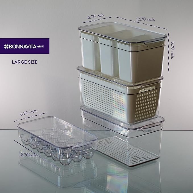 Clear Stackable Storage Containers with Lids BPA-Free Organizer Bins for Refrigerator Pantry Fridge Drawer with Colander and Dividers for Kitchen Food Preservation and Home Organization BPA Free-NeatNest