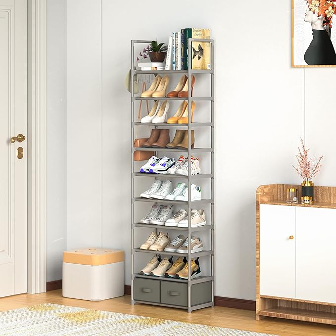 Shoe Rack, Sturdy Metal Shoes Rack Organizer,Narrow Shoe Rack,Shoe Racks for Closets,Shoes Rack,Shoe Stand,Shoe Shelf (10 Tier with 2 Boxes and 1 Hook)-NeatNest