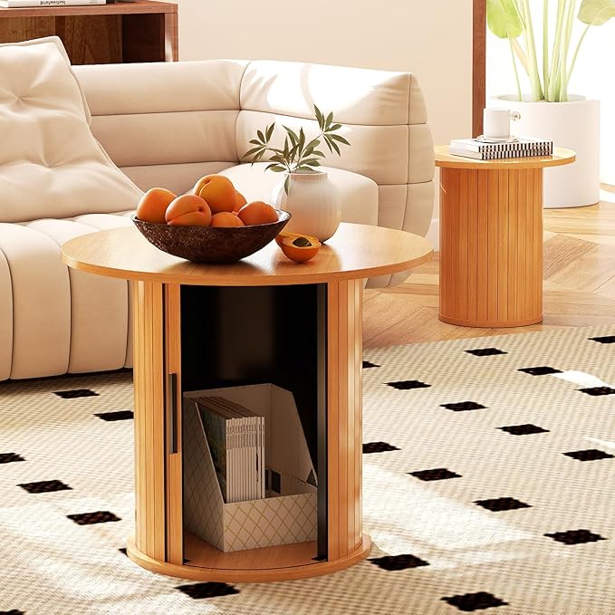 Nesting Coffee Table Set of 2 with Hidden Storage & Sliding Door, Circle Wood Coffee Table, Farmhouse Side & End Table Sets for Living Room, Small Spaces, Natural