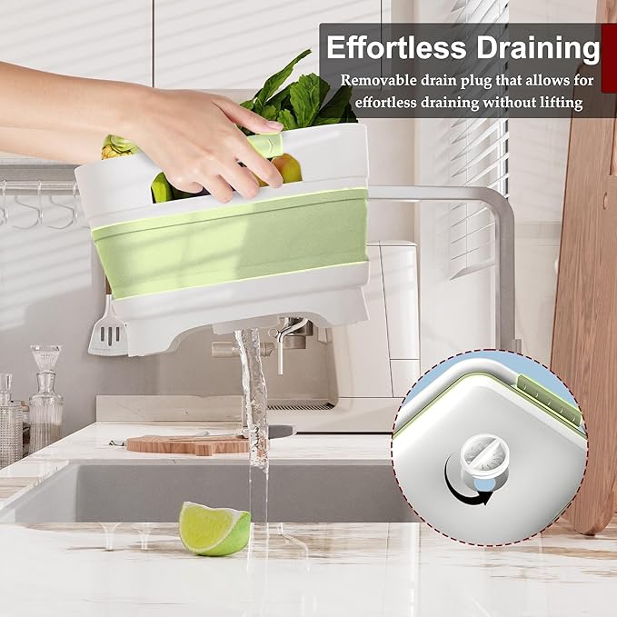 2.4 Gal Collapsbile Wash Basin with Drian Plug,9L Dish Pan for Soaking Baby Bottles,Portable Sink, Multiuse Foldable Bucket,Ice Beverage Tubs for Camping, Vegetable Washing, RV (Green)-NeatNest