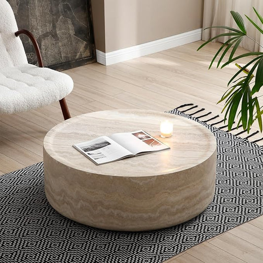 kevinplus ø35.4'' Round Stone Coffee Table for Living Room, Modern Drum Circle Faux Concrete Marble Coffee Table, Fiber Glass Material, No Assembly (Mars Texture, ø35.4'' x 11.8'')