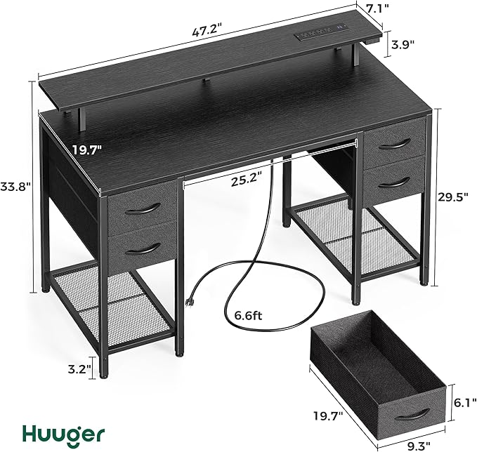 Huuger 47 inch Computer Desk with 4 Drawers, Gaming Desk with LED Lights & Power Outlets, Home Office Desk with Large Storage Space for Bedroom, Work from Home, Black-NeatNest