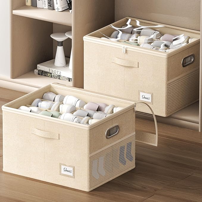 2 Pack Shoe Organizer for Closet Large Shoe Box Storage Containers with Clear Window Space Saving Shoe Bin with Foldable Bottom Support Adjustable Dividers Fits 32 Pairs (Beige, (19.7x15.7x13inch)x2)-NeatNest