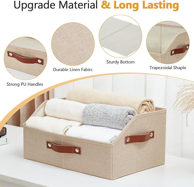 Closet Organizers and Storage, Linen Trapezoid Storage Bins with Handles, Collapsible Shelf Organizer for Blanket, Towel, Clothes, Hats, Purse (Khaki)-NeatNest
