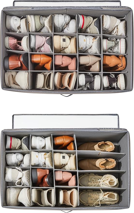 Shoe Storage Organizer for Closet, Shoe Box Organizer, Space Saving Foldable Shoe Rack, Shoe Storage Cabinet with Clear Cover and Reinforced Handles, Fits 20 Pairs, Black-NeatNest