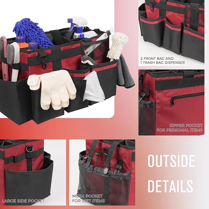 Wearable Cleaning Caddy, Cleaning Caddy Supplies Organizer with Handle & Shoulder Straps for Housekeepers, Under Sink & Car Cleaning Tool Organizers Bag with 4 Foldable Divider (Wine)