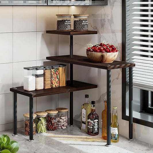 Countertop Organizer Organization 3 Tier Kitchen Corner Shelves Adjustable Spice Storage Rack for Bathroom Coffee Area Over Sink (Black Oak)-NeatNest