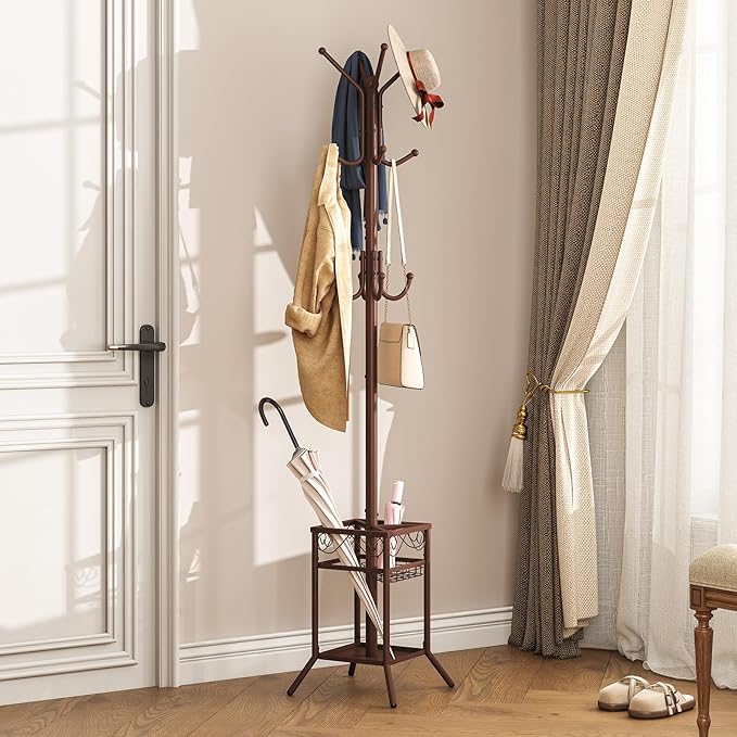 ELYKEN Coat Rack Freestanding, Metal Coat Rack Stand with Umbrella Holder, Modern Coat Tree with 12 Hooks, Floor Standing Corner Hall Tree for Entryway Living Room Bedroom Office, Brown-NeatNest