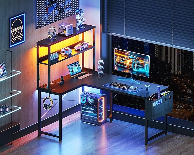 Casaottima Gaming Desk with Power Outlets & LED Lights, 43 Inch Reversible L Shaped Computer Desk with Shelves & Storage Bag, Corner Desk for Home Office, Black-NeatNest