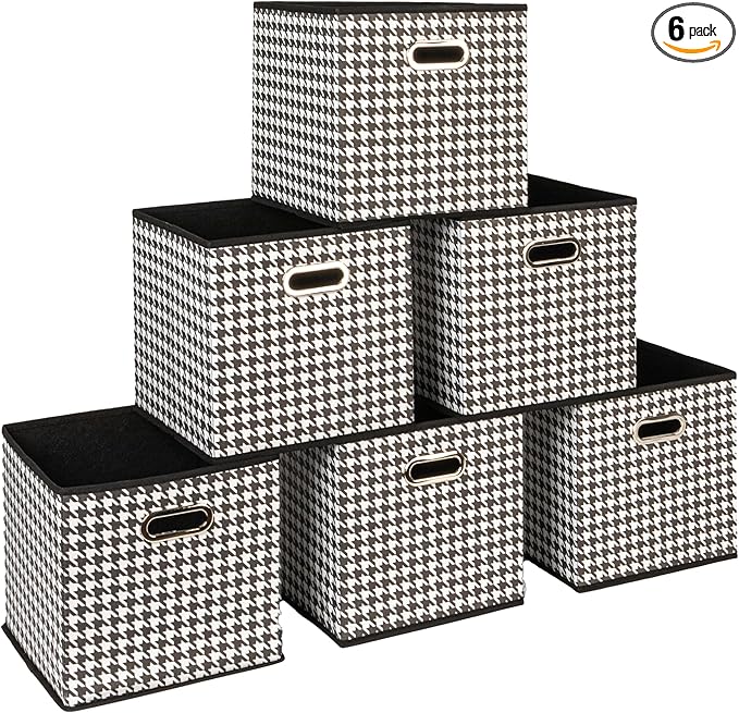 Household Essentials Fabric Storage Cube Bins, 6 Piece Set, Strong Poly-Woven Fabric, Chipboard Sides, Grommet Front Handle, Stackable and Foldable, Classic Design, Black and White Houndstooth