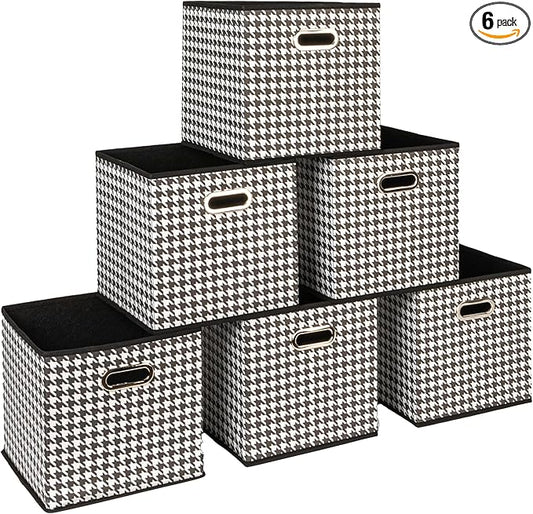 Household Essentials Fabric Storage Cube Bins, 6 Piece Set, Strong Poly-Woven Fabric, Chipboard Sides, Grommet Front Handle, Stackable and Foldable, Classic Design, Black and White Houndstooth
