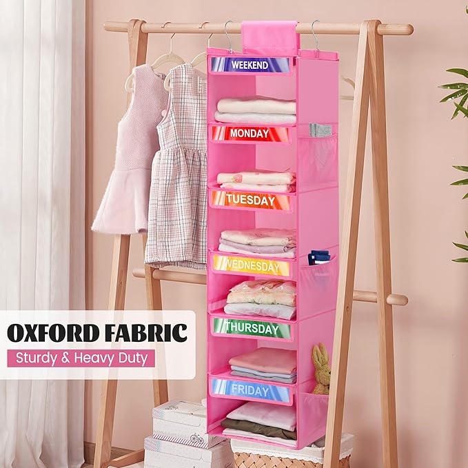 2 Pack 6-Shelf Weekly Clothes Organizer for Kids, Hanging Daily Closet Organization with 6 Side Pockets, Days of The Week Clothing Divider Storage for Boys and Girls (Pink)-NeatNest