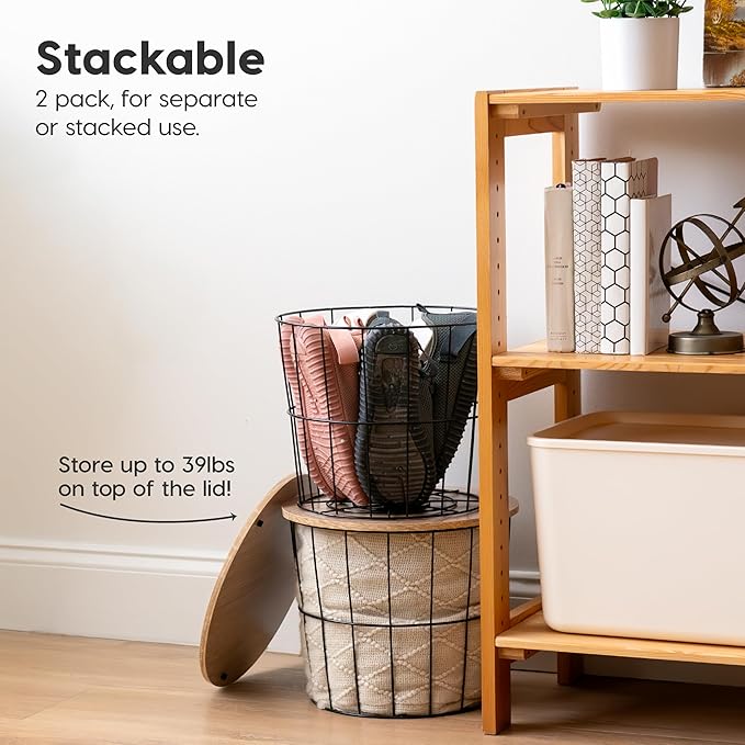 IRIS USA Round Wire Basket with Wooden Lid, 2 Pack, Potato Onion Vegetable Storage, Nestable Storage Bins, Water Resistant Surface, Living Room Bathroom Kitchen, Durable Easy Assembly Space Saving