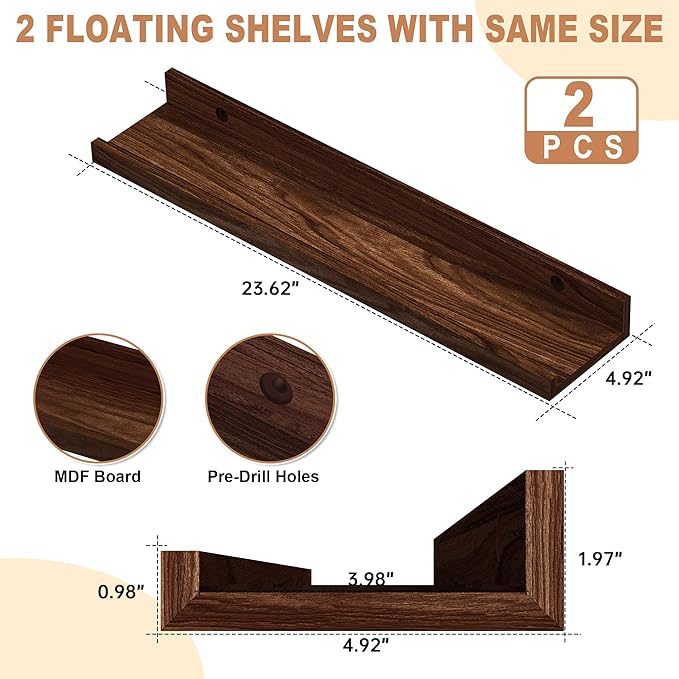 Floating Shelves Wall Mounted Set of 2,Wall Shelves for Decor Storage 23.6 Inch, Wall Mounted Wood Shelves for Bedroom, Living Room, Bathroom, Kitchen, Office,Walnut-NeatNest