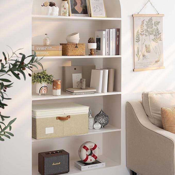 GRANNY SAYS Decorative Storage Boxes with Lid, Large Storage Bins with Double-Open Lid and Divider, Fabric Storage Bin for Clothes, 63L Closet Linen Storage Bin, White/Khaki-NeatNest