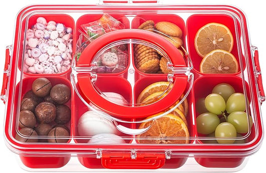 Divided Serving Tray with Lid and Handle - Snackle Box Charcuterie Container for Portable Snack Platters Organizer for Candy, Fruits, Nuts, Snacks - Perfect for Party, Entertaining, Red-NeatNest