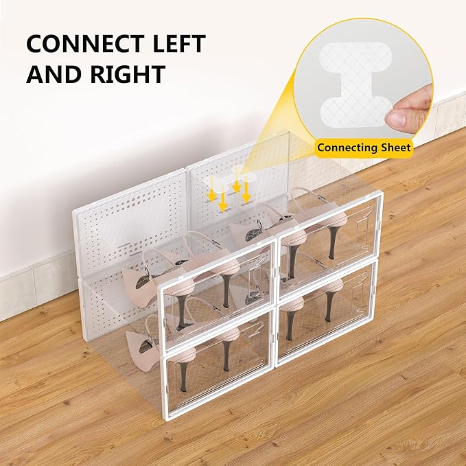 12 Pack XX Large Shoe Organizer Storage Boxes for Closet, Modular Space Saving Shoe Boxes Clear Plastic Stackable Sneaker Containers Display Case with Lids, Pearl White-NeatNest