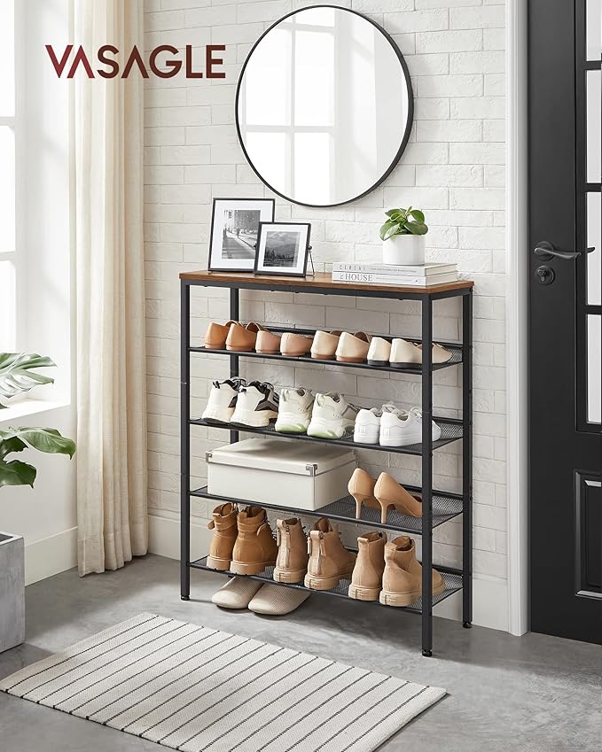 VASAGLE Shoe Rack for Entryway, 5-Tier Shoe Rack Organizer with Storage Shelves and Spacious Top, Freestanding, Adjustable, Industrial, Rustic Brown and Ink Black ULBS038B01-NeatNest