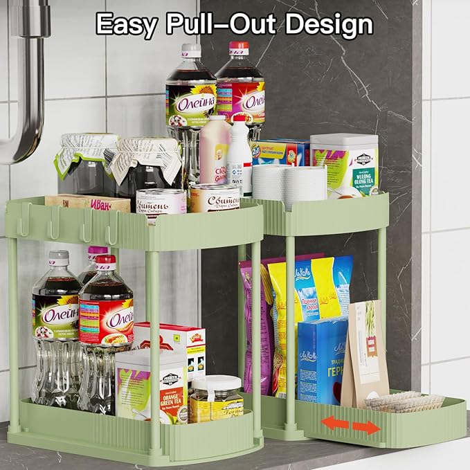 2 Pack Multi-Purpose Pull-Out Storage Organizers, Under Sink Organizers and Storage for Bathroom & Kitchen, Under Cabinet Organizers and storage, 12.8 Inch, Green-NeatNest