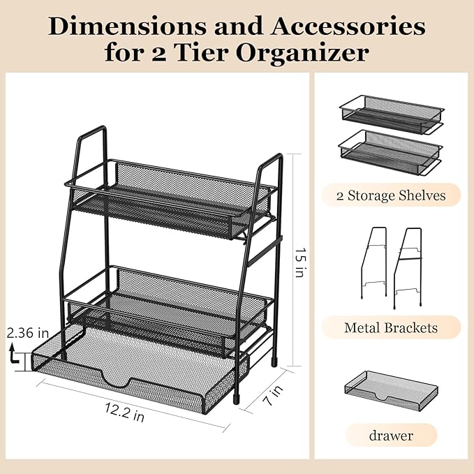 2-Tier Bathroom Organizers and Storage with Drawer, Bathroom and Makeup Organizer Countertop, Easy to Install, Ideal for Bathroom Storage, Vanity, Large Skincare, Perfume, Present, and More,Black