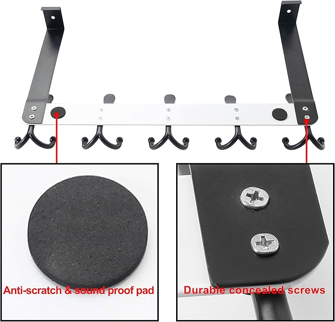 SKOLOO Over The Door Hook - for Doors up to 1-3/4'' Thickness, Pack of 2, Metal Door Hanger with 5 Triple Hooks, Black on White Over The Door Hanger for Coats, Hats,Towels, Assembly Required