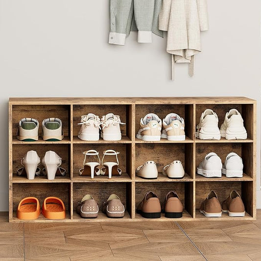12-Cubby Shoe Rack, 3-Tier Wood Shoe Organizer, Multifunctional Shoe Organizer Bench for Entryway, Mudroom, Hallway, Closet,36.22 * 11.81 * 17.72 Inch,Brown-NeatNest