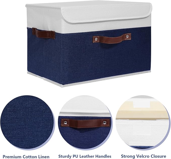 ANMINY 2PCS Storage Boxes with Lid Washable Decorative Storage Bin Basket with PU Leather Handle Foldable Linen Fabric Storage Cube Container for Home Closet Organizer - Deep Blue White, Large Size-NeatNest
