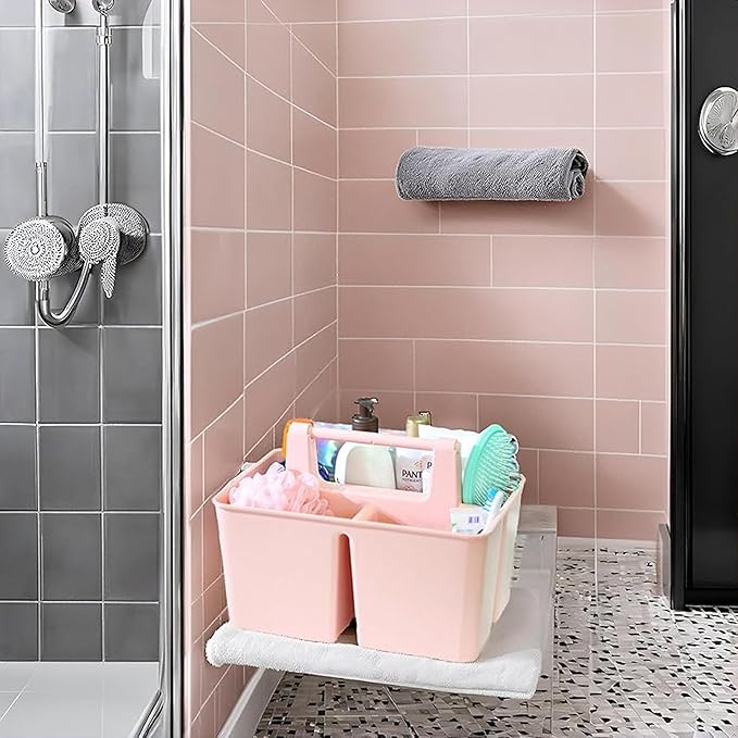 Shower Caddy Organizer with Handle, 3 Compartments, Portable Storage Bin for Bathroom, Dorm, Gym -Made In USA (Indie Pink)