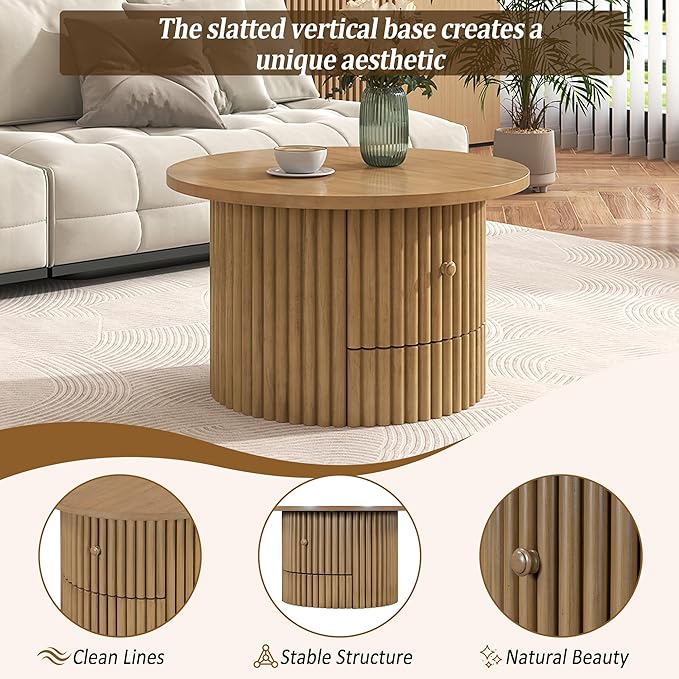 30.5" Round Storage Coffee Table, Rustic Circle Coffe Table for Living Room, Fluted Accent Wood Center Tables Farmhouse, Tea Table with Drawer for Apartment Small Space - Oak