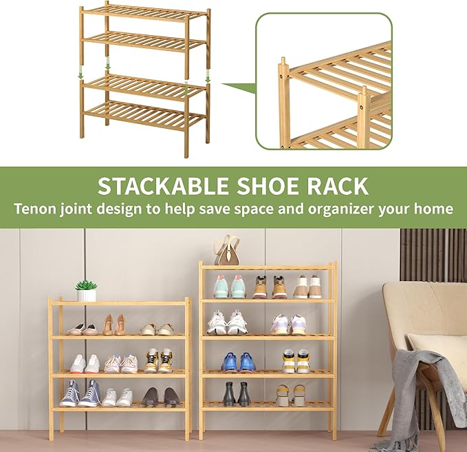 4 Tier Bamboo Shoe Rack for Closet Free Standing Wood Shoe Shelf for Entryway Small Space Stackable 27"x11"x26" (Natural)-NeatNest
