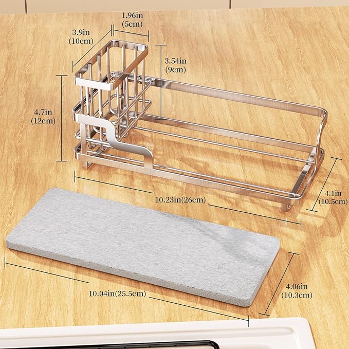 Consumest Sponge Holder for Kitchen Sink - Sink Caddy Organizer with Water Absorbing Stone Tray, Detachable Brush Holder, Stainless Steel Kitchen Counter Organizer Rack, Silver-NeatNest