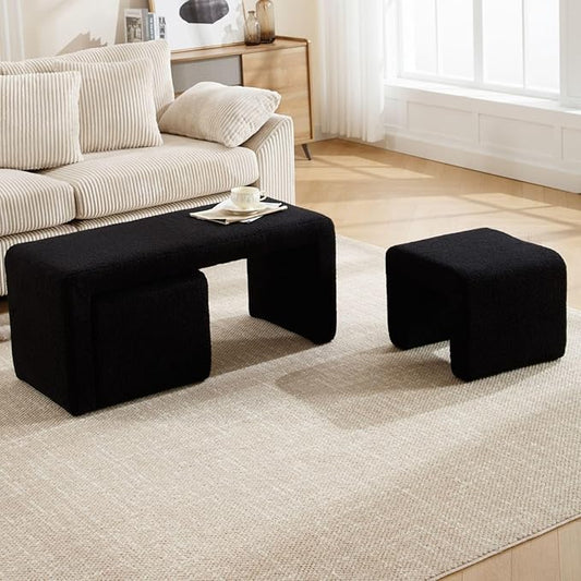LukeAlon 3-Piece Nesting Ottoman Bench Set, 40.5" Wide Upholstered End of Bed Bench with 2 Small Stools Sherpa Comfy Entry Bench Vanity Bench Stools Modern Arched Bench for Living Room Bedroom, Black
