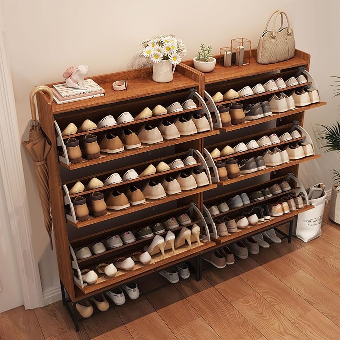 AVZEAR Narrow Shoe Storage Cabinet with 3 Flip Drawers, Freestanding Wooden Closed Shoe Rack, Slim Cabinet Storage for Entryway, Hallway, Living Room (Walnut)-NeatNest
