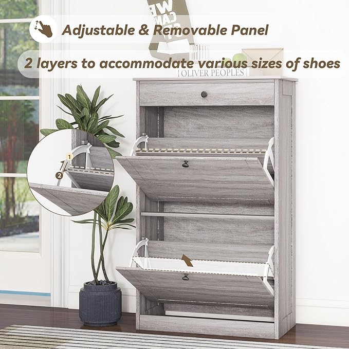 Shoe Storage Cabinet with 2 Flip Drawers, Narrow Freestanding Hidden Shoe Rack Cabinet, Pet-Proof Shoe Organizer for Closet, Entryway, Hallway, Wash Grey-NeatNest