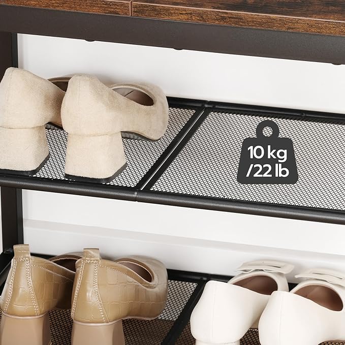 HOOBRO Shoe Bench, 3-Tier Shoe Rack, Industrial Shoe Organizer Storage Bench, 19.7 inches Entry Bench with Mesh Shelves, for Entryway, Living Room, Hallway, Easy Assembly, Rustic Brown BF50HX01-NeatNest